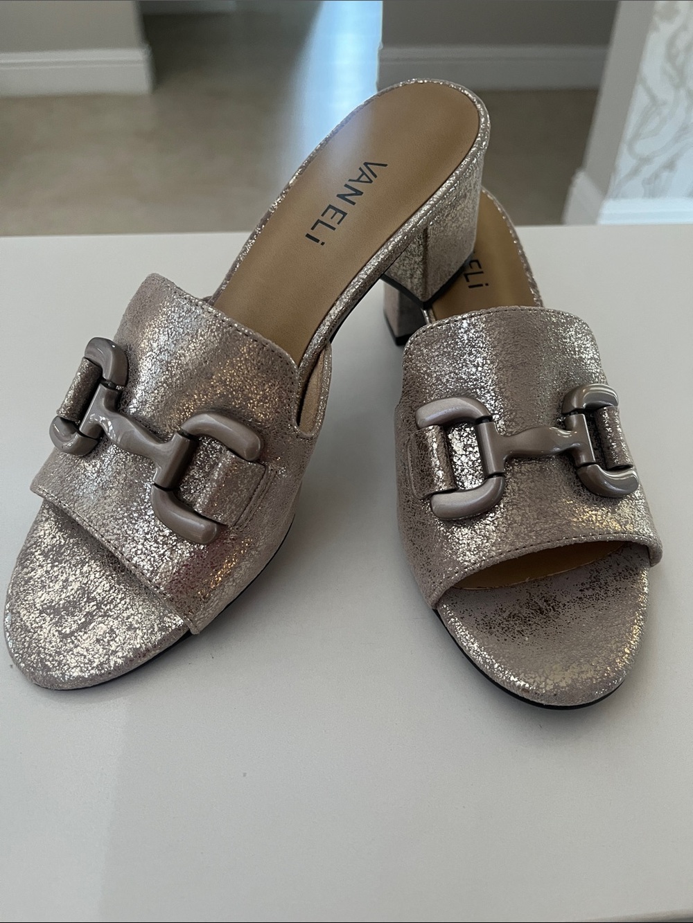 Vaneli  Pewter metallic Open-Toe Slide Mules with Buckle Accent